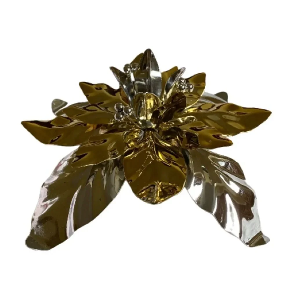 Vintage Department 56 Poinsettia Taper Candle Holder Silver Gold Shinny Finish